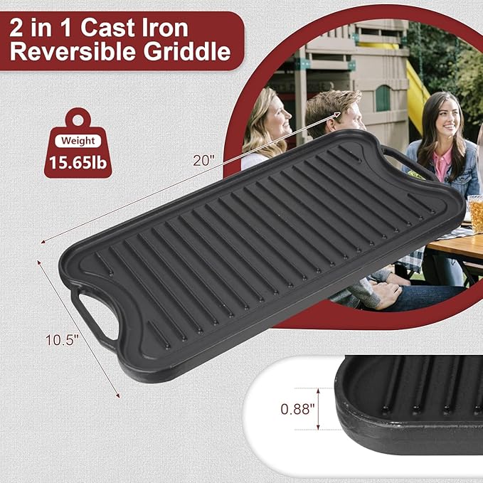 Cast Iron Reversible Grill/Griddle Pan -20"x10.5" Pre-Seasoned Rectangular Double Sided Griddle Plate for Gas Stove, Oven, Camping, Indoor & Outdoor Cooking - Non-Stick, Durable & Versatile