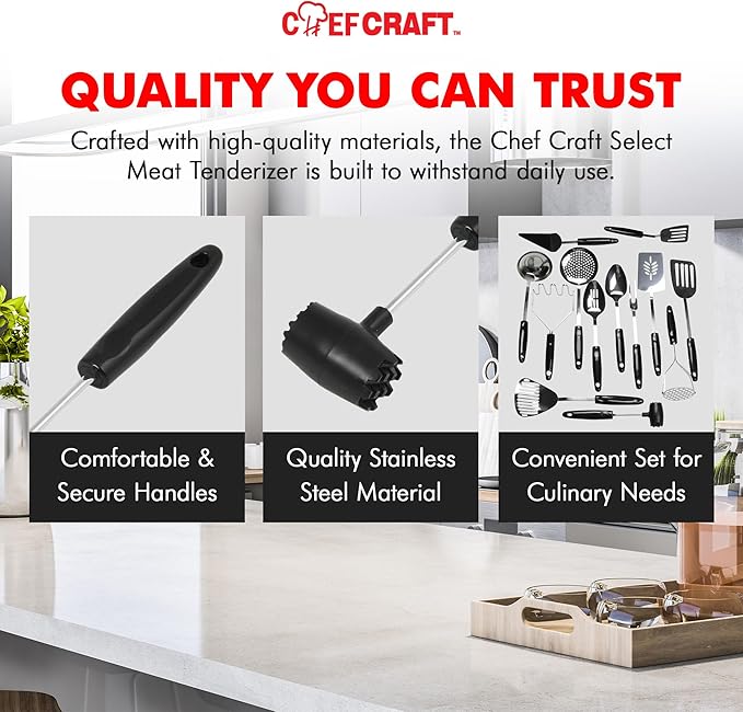 Chef Craft Select Meat Tenderizer, 9.5 inch, Stainless Steel/Black