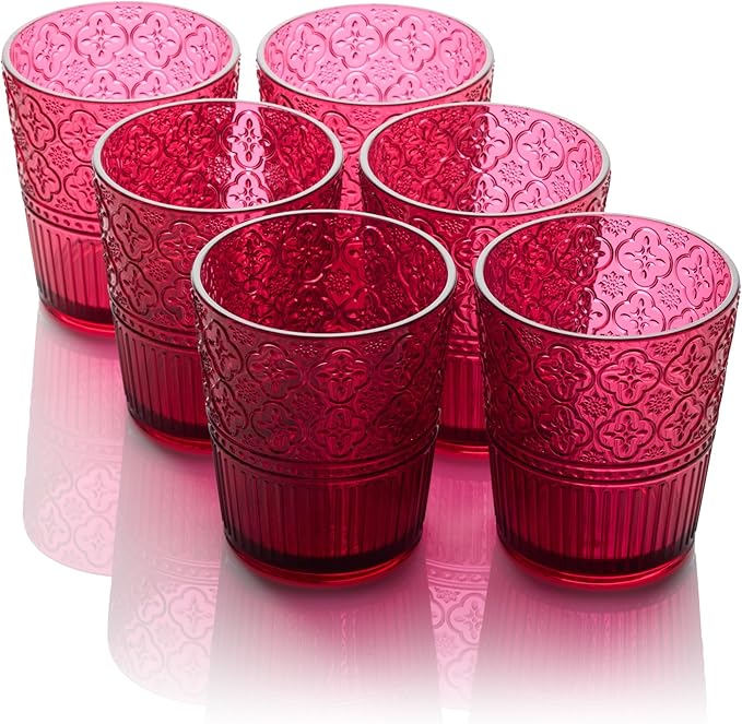 Victoria Ruby Set of 6 Premium Acrylic DOF Glass 16 oz – Unbreakable Drinkware with Elegant Embossed Design, Perfect for Indoor & Outdoor Use