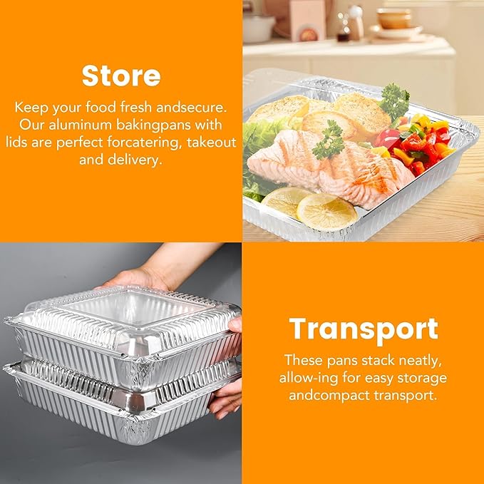 40 Pack 8x8 Inch Aluminum Pans with Clear Plastic Lids - Square Baking Cake Pans - Foil Pans with Lids - Disposable Food Containers Great for Cooking, Heating, Storing, Prepping Food