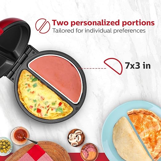 Holstein Housewares Stainless Steel 2 Section Omelet & Frittata Maker, Non Stick Coating, Easy To Clean, Indicator Lights, Compact Storage, Versatile Recipes in Minutes. 2 Portions, Metallic Red