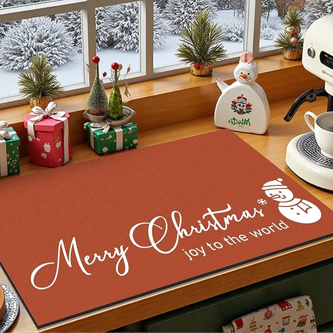 Findosom Christmas Dish Drying Mat, 12" x 20" Super Absorbent & Cuttable Dish Mat with Hello Sunshine Pattern, Hide Stain Drying Mat for Kitchen Counter Coffee Maker Dining Room Decoration, Red