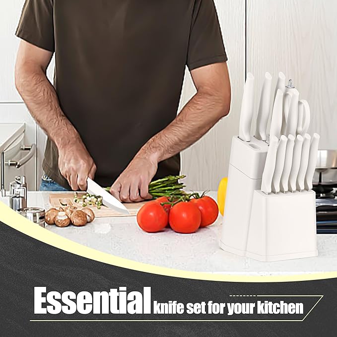 HaWare Knife Set, 21 Pieces Stainless Steel Kitchen Knife Block Set, White Chef Knife Sets with Measuring Spoon & Slicer for Home, 6 Steak Kinves, Sharp Blade & Light Weight Cutlery, Ergonomic Handle