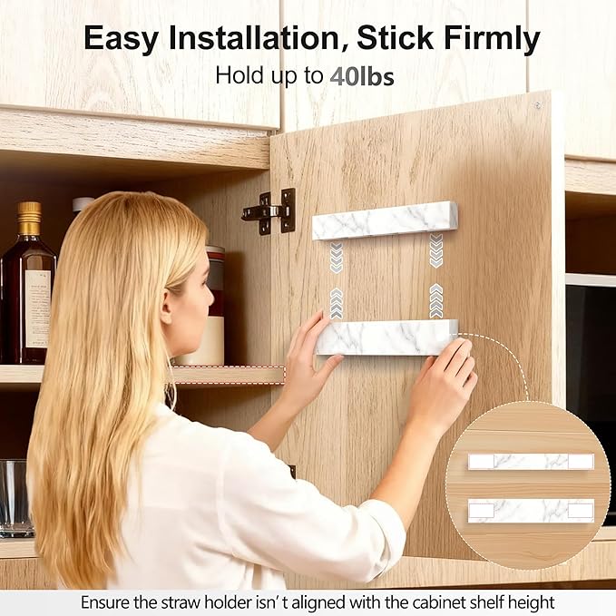 9.5” Large Acrylic Straw Holder for Cabinet Door, Reusable Adjustable Two-Part Straws Organizer with Ultra Sticky Adhesive Strips, 2026 Straw Storage for Kitchen Cupboard (Marble Color)