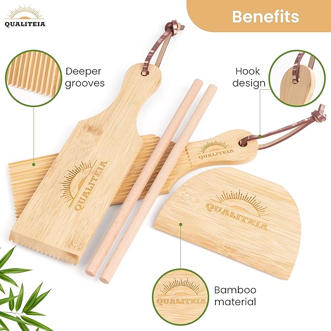 Gnocchi Board Set for Rolling Dough - 2x Paddles, 2x Rollers & 1x Cutter, Bamboo Pasta Shaper Tools Butter Maker, Garganelli Cavatelli Tortellini Cavarola Roller (Gnocchi Board Set 4)