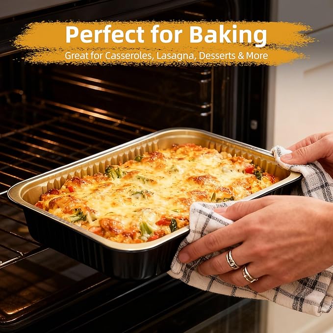 Aluminum Foil Pans, Extra Heavy Duty Disposable Aluminum Baking Pans, 14.57"×10.63" Steam Table Pans for Cooking, Heating, Storing, Prepping Roasting and Chafing (5 Pack Black and Gold)