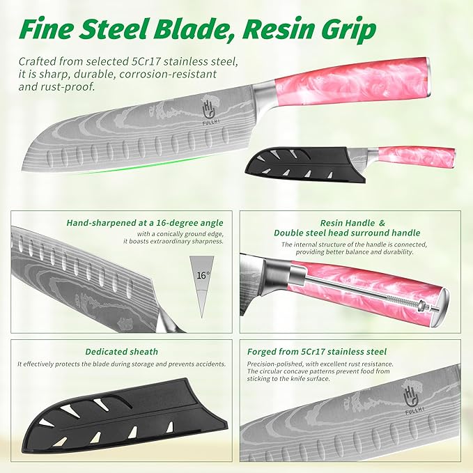 FULLHI 15pcs Japanese Knife Set with Magnetic Knife Block Holder, Japan Stainless Steel Blades, Ergonomic Handles for Professional and Home Cooking (Pink, Knife set)
