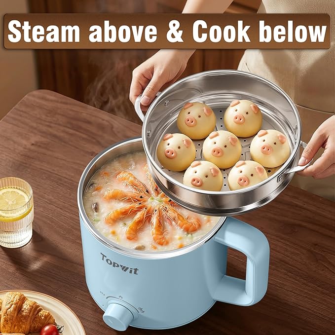 Topwit Hot Pot Electric with Steamer, 1.6L Ramen Cooker, Electric Pot for Pasta, Shabu-Shabu, Oatmeal, Soup and Egg, Portable Cooker with Dual Power Control, Dorm Room Essentials, Blue