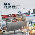 EGGKITPO Deep fryers Commercial Deep Fryer 12L x 2 Large Dual Tank Electric Countertop Fryer for Restaurant with 2 Frying Baskets and Lids, 1800W x 2, 120V