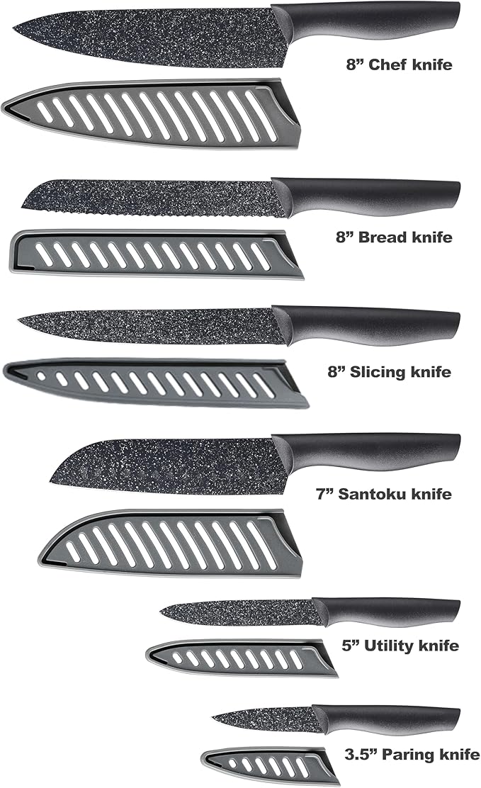 Marco Almond Kitchen Knife Set, KYA39 12-Piece Chef Knife Sets, 6 Knives with 6 Blade Guards, Stainless Steel Knives Set for Kitchen with Covers, Black