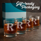 On The Rox (R-Monogram)- 4 Piece Set of 11 Ounce Engraved Heavy Base Rocks Glasses Elegant Glass-Multi-Purpose Beverage-Rocks Glass- Gift for any Occasion Drinks