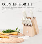 Styled Settings White Knife Set with Block and Sharpener – 14-Piece High Carbon Stainless Steel Knives with Ashwood Block and Built-In Sharpener – Durable White Kitchen Accessories for Cooking