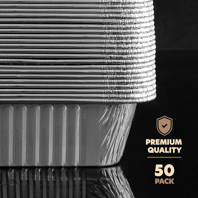 PLASTICPRO 50 Pack Aluminum Pans 6.5'' X 9" Disposable Pans with Covers Heavy Duty 2.25 lb Foil Pans for Baking and Cooking