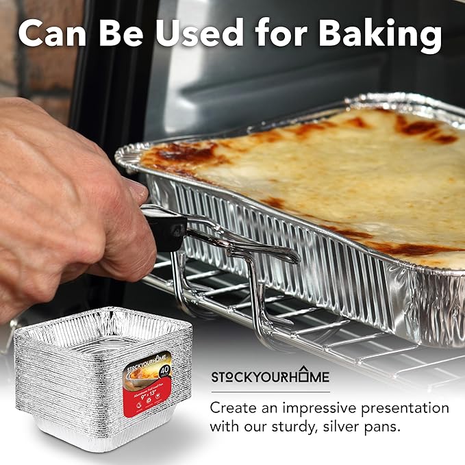 Stock Your Home 9x13 Aluminum Pans (40 Pack) - Disposable and Recyclable Foil Trays - Half Size Steam Table Deep Pans - Tin Foils for Cooking, Heating, Storing, Prepping Food