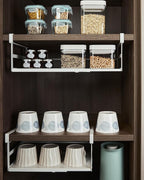 2Pack Under Shelf Storage Basket Organizer Expandable Width Add-On Space Saver Hanging Under Cabinet Pantry Kitchen Countertop Desktop Cupboard Board Slide-In White Heavy-Duty Metal Wider Size