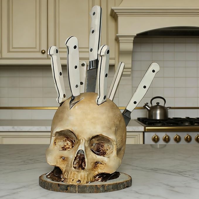 Life Size Skull Knife Block Holder - Hand Painted Resin Skull with 6 Slots for Kitchen Knives & Fruit, Horror Goth Kitchen Decor, Scary Party Display and Countertop Storage