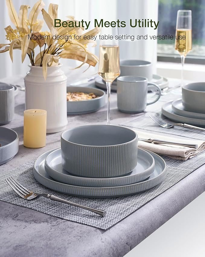 Famiware Star 12-Piece Stoneware Dinnerware Sets, Service for 4 - Handcrafted Reactive Glaze Plates and Bowls, Modern Rustic Dishes, Chip & Scratch Resistant, Microwave & Dishwasher Safe, Matte Gray