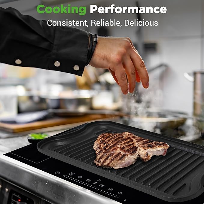 NutriChef Reversible Cast Iron Griddle Pan for Stove Top Cooking, Heavy Duty Nonstick Grill Plate with Flat & Ribbed Sides, Works as Flat Top Grill or Griddle for Gas Grill, Includes Scraper Tool