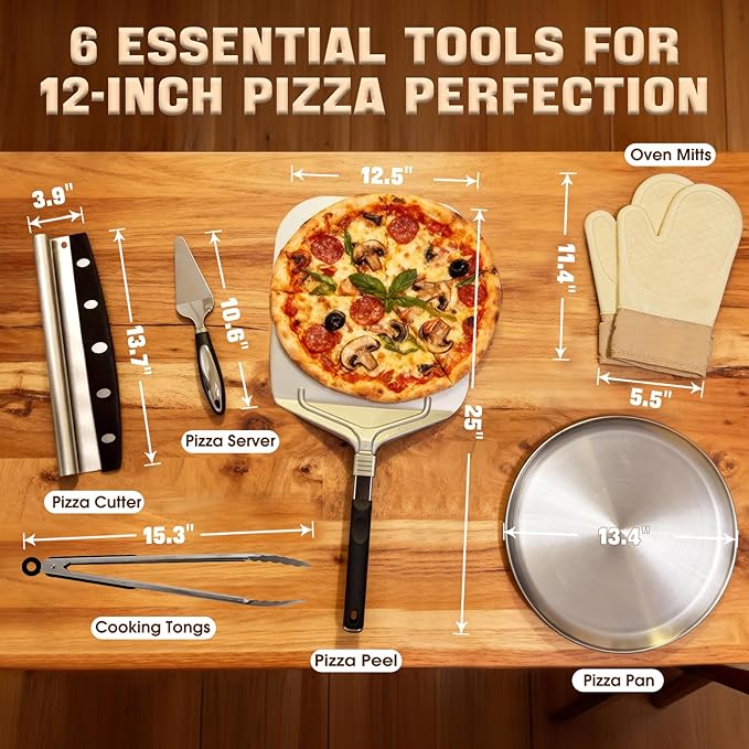 Bonteck Pizza Peel Aluminum Metal Pizza Spatula Kit | 12x14 Inch Foldable Handle Paddle | 6Pcs Pizza Oven Accessories with Rocker Cutter, Pizza Pan, Pizza Server, Oven Mitts, for Family Oven Baking