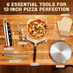 Bonteck Pizza Peel Aluminum Metal Pizza Spatula Kit | 12x14 Inch Foldable Handle Paddle | 6Pcs Pizza Oven Accessories with Rocker Cutter, Pizza Pan, Pizza Server, Oven Mitts, for Family Oven Baking