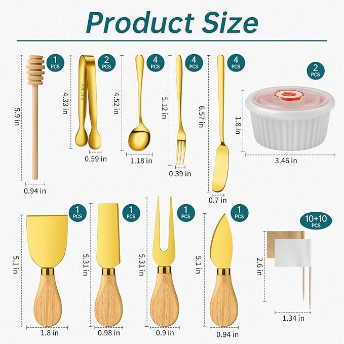 Charcuterie Boards Accessories Bowls Gold, Cheese Butter Spreader Knife Set Mini Serving Tongs, Forks, Spoons,Dipping Bowls with Lids, Toothpick Flags, Honey Dippers For Party Platter Making