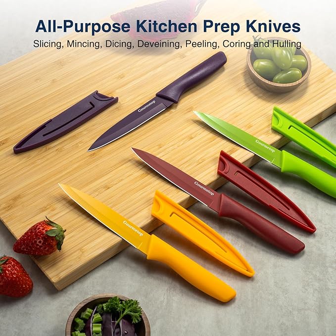 Gourmetop Paring Knife with Cover, Paring Knives Set of 4, 3.8" Paring Knife Set of Premium Stainless Steel, Small Kitchen Knife Set for Fruit and Vegetable, Ergonomic Knife Handles for Versatility