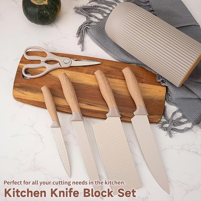 Kitchen Knife Set,6-Piece Khaki Kitchen Knife Set with Knife Block – Non-Stick Stainless Steel Sharp Blades, Anti-Rust & Ergonomic Design for Home, Restaurant,Outdoor