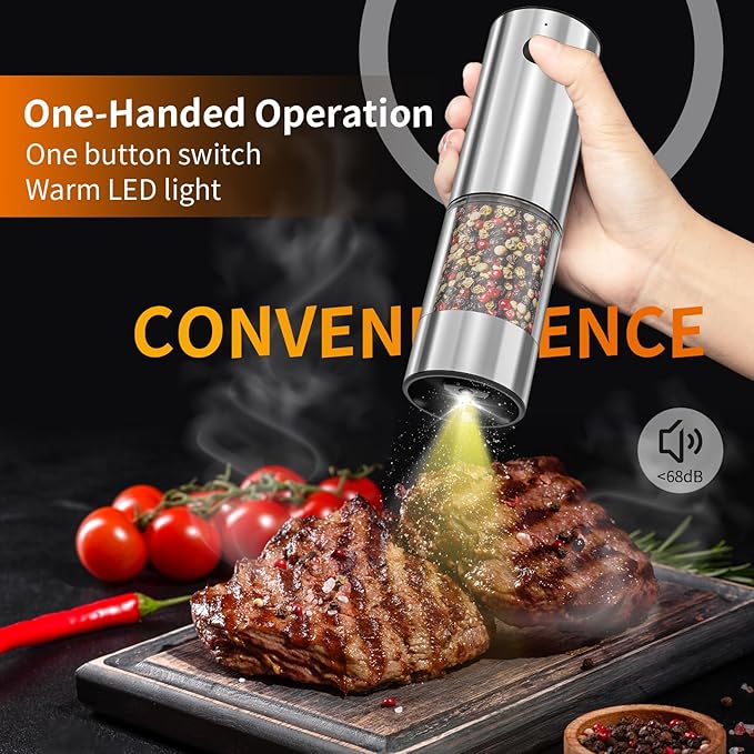 2Pack Electric Salt and Pepper Grinder Set USB Rechargeable with Warm LED Light, Adjustable Coarseness Lidaop Large Capacity Automatic Salt Pepper Mill Shakers for Kitchen, Sliver Set