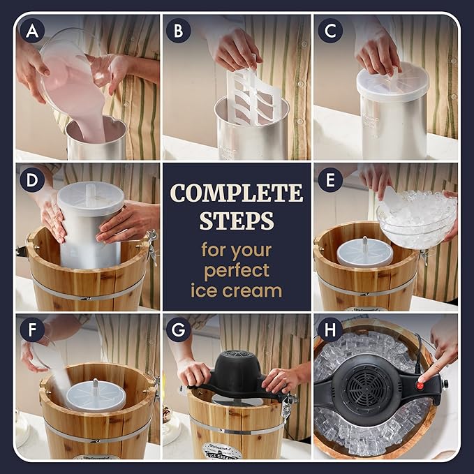 Elite Gourmet EIM402 Old Fashioned 4 Quart Vintage Wood Bucket Electric Ice Cream Maker Machine, Bonus Classic Die-Cast Hand Crank for Churning, Uses Ice and Rock Salt Churns Ice Cream in Minutes