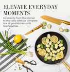 Styled Settings Gold Knife Set with Block & Built-In Sharpener – 14-Piece Full Tang Kitchen Knives Set – Gold Knives Set with Self-Sharpening Block, Titanium Knife Set with Black Block