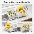 SNTD Dish Drying Rack - Extendable Dish Rack, Large Sink Drying Dish Drainer for Kitchen Counter, Stainless Steel Dish Strainer with Utensil Holder (White)