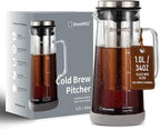 Cold Brew Coffee Maker Pitcher, 1.0L/34Oz Airtight Borosilicate Glass Carafe with 150 Mesh Precision Filter | Barista Grade Iced Coffee Maker, Integrated Glass Handle & Non Slip Base (Grey)