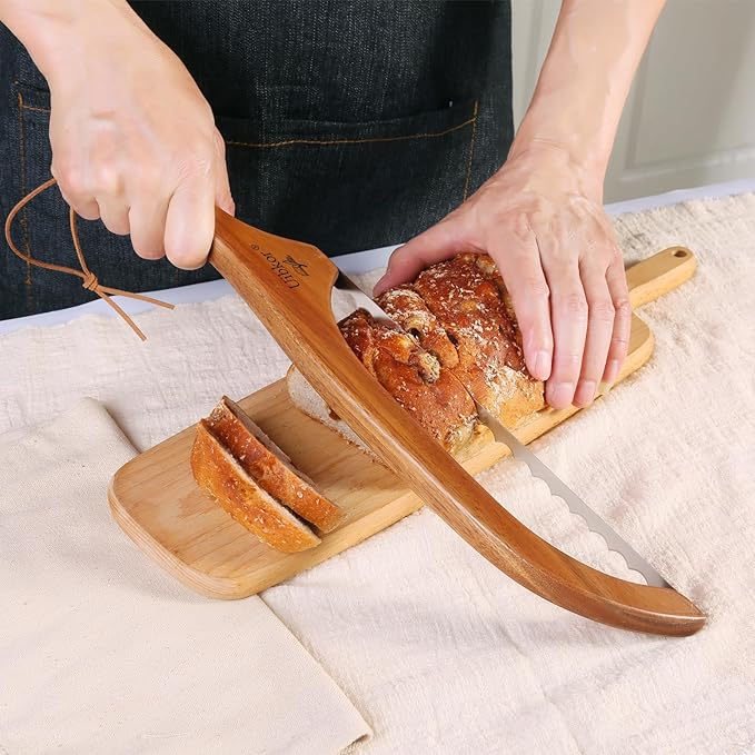 Wooden Bread Bow Knife, 16" Serrated Sourdough Cutter, Premium Stainless Steel Serrated Saw Bread Cutter, Bread Slicer, Bagel Slicer Knife for Homemade Bread, Bagels, Baguettes, Rustic Loaves