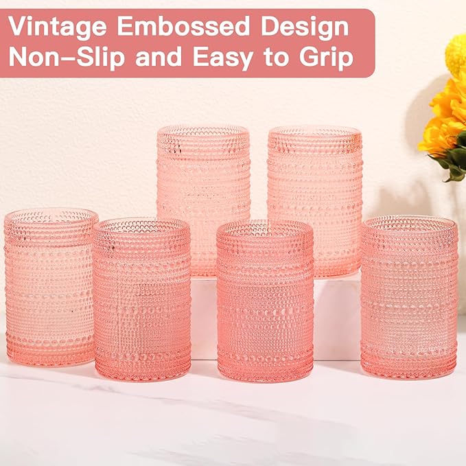 JOVGANK Pink Vintage Hobnail Drinking Glasses Set of 6, Water Tumbler 15oz, Kitchen & Bar Beaded Highball Glasses, Beverage Glass Cups for Water, Beer, Juice, Housewarming and Mother's Day Gift