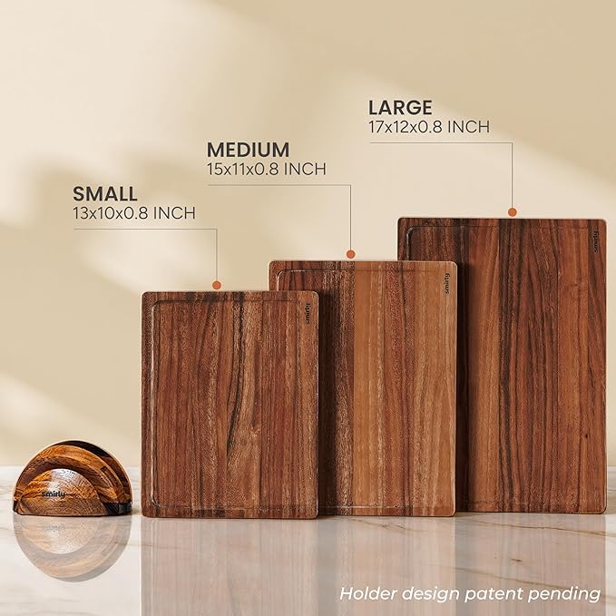 SMIRLY Walnut Wood Cutting Boards for Kitchen, Set of 3 with Holder Large - Small, Walnut Wooden Cutting Board Set with Deep Juice Grooves, Non Toxic Serving Tray, Perfect Mother's Day Gifts