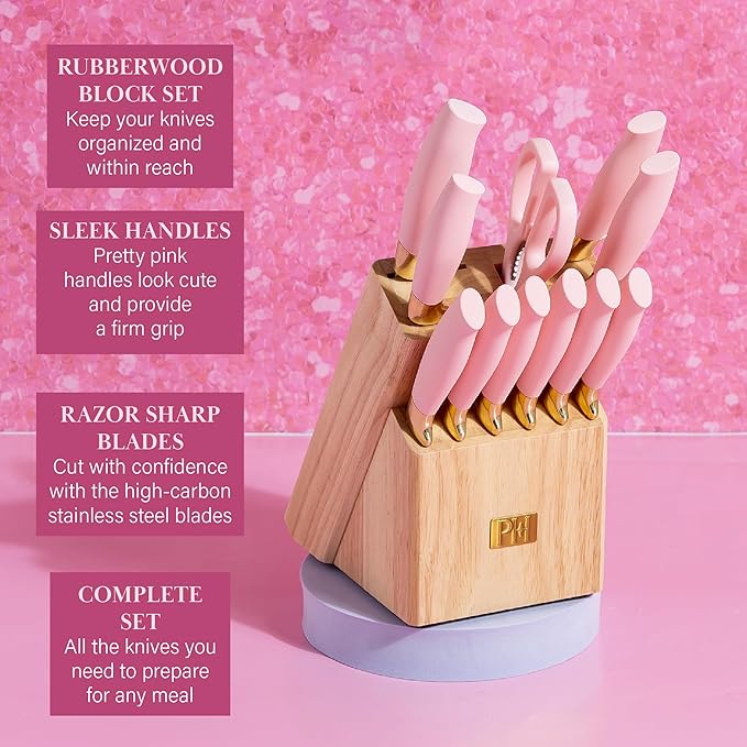 Paris Hilton 12-Piece Knife Set with Block, High-Carbon Stainless Steel Cutlery, Precision Blades and Ergonomic Handles, Pink