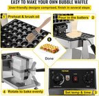 VEVOR Commercial Bubble Waffle Maker, 8" Square Mould, 1200W Egg Bubble Puff Iron w/ 360°Rotatable 2 Pans & Bent Handles, Stainless Steel Baker w/Non-Stick Teflon Coating, 50-300℃/122-572℉ Adjustable