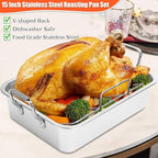 Nonstick Roasting Pan, 15 Inch Stainless Steel Turkey Pan with V-Shaped Rack &Cooling Rack - Rectangular Roaster for Turkey, Chicken, Vegetables,Healthy & Dishwasher Safe - Fits 20lb Turkey