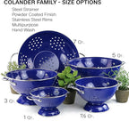 Reston Lloyd, 3 Quart Powder Coated Steel Kitchen Strainer Basket for draining Pasta, Vegetable and Fruit, Chrome Handles and Wide Stable Base, Indigo