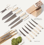 Styled Settings White Knife Set with Block and Sharpener – 14-Piece Ultra-Sharp High Carbon Stainless Steel Knives with Gold Triple Rivet White Handles and Ashwood Knife Block