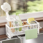 SWTYMIKI Sponge Holder for Kitchen Sink - Sink Caddy with Brush Holder Self-draining Sponge Caddy Organizer with Divider Stainless Steel Kitchen Accessories Storage for Countertop, White