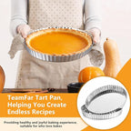 TeamFar Tart Pan, 9.5 Inch Stainless Steel Round Tart Pie Pan, Metal Quiche Baking Dish with Fluted Side for Baking Fruit Tarts, Quiches, Pies, Mousse Cakes, Heavy Duty & Dishwasher Safe