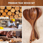 Wooden Spoons for Cooking, 6PCS Teak Wood Cookware Utensil Set with Hooks - Smooth Finish, Non-Stick, Comfortable Grip, Heat Resistant Kitchen Utensils