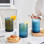 HomeVogue 15 oz Blue Hobnail Drinking Glasses with Straws Set of 6, Vintage Glassware Old Fashioned Beverage Glasses, Cocktail Glass Set, Kitchen Water Glasses Cup, for Beer, Smoothie, Juice