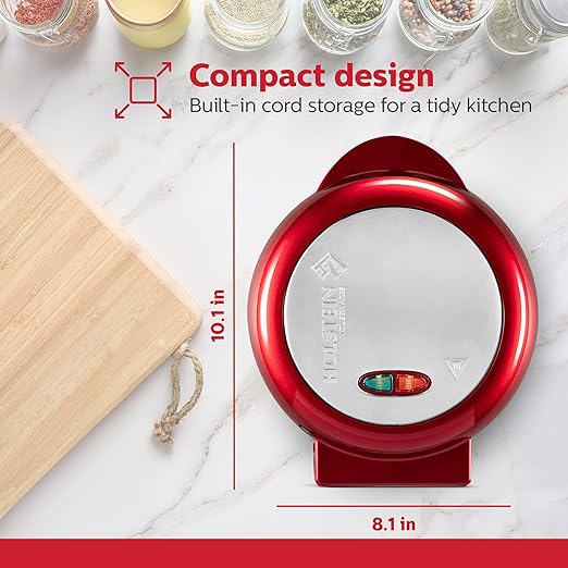 Holstein Housewares Stainless Steel 2 Section Omelet & Frittata Maker, Non Stick Coating, Easy To Clean, Indicator Lights, Compact Storage, Versatile Recipes in Minutes. 2 Portions, Metallic Red