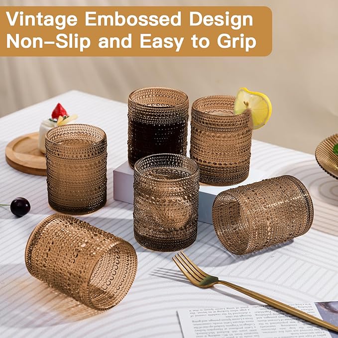 JOVGANK Brown Vintage Hobnail Drinking Glasses Set of 6, Embossed Water Tumbler 12oz, Kitchen & Bar Beaded Glass Cups, Beverage Glass Cups for Water, Beer, Juice, Housewarming and Mother's Day Gift