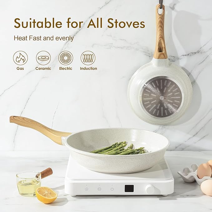 SENSARTE Nonstick Ceramic Frying Pan Skillet, 8-Inch Omelet Pan, Healthy Non Toxic Chef Pan, Induction Compatible Egg Pan with Heat Resistant Handle, PFAS-Free, White (Pack of 2)