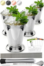 Gusto Nostro Mint Julep Cups Set of 4 - Stainless Steel Julep Cup Kit with Straws, Muddler, Spoon,Recipes, Vases - Southern-style Cocktail Glasses for Home Bar - Stainless Steel Cocktail Cups (Silver)