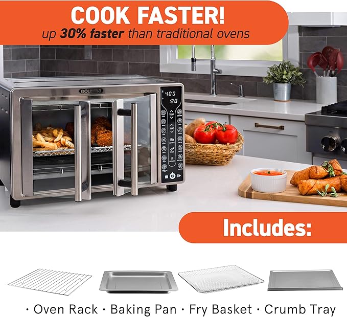 Gourmia French Door Air Fryer – 25 Qt Large Capacity Convection Oven, Fryfroce 360°, Digital Display with 17 Cooking Presets, Bake, Toast, Roast, Dehydrate, Fits 12” Pizza