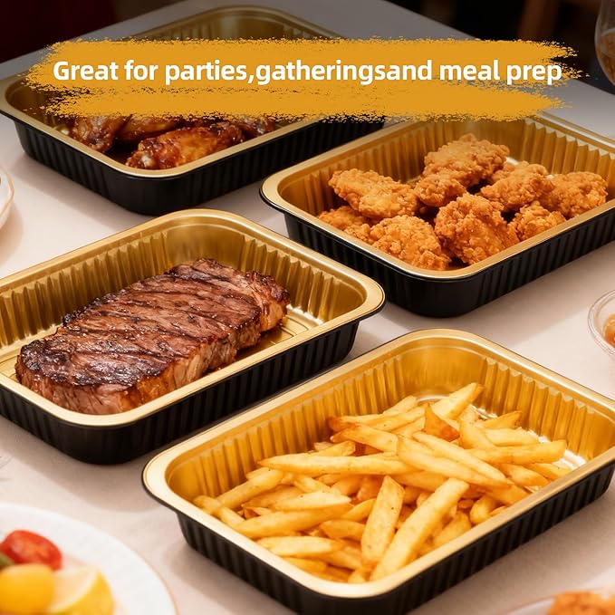 Aluminum Foil Pans, Extra Heavy Duty Disposable Aluminum Baking Pans, 14.57"×10.63" Steam Table Pans for Cooking, Heating, Storing, Prepping Roasting and Chafing (5 Pack Black and Gold)